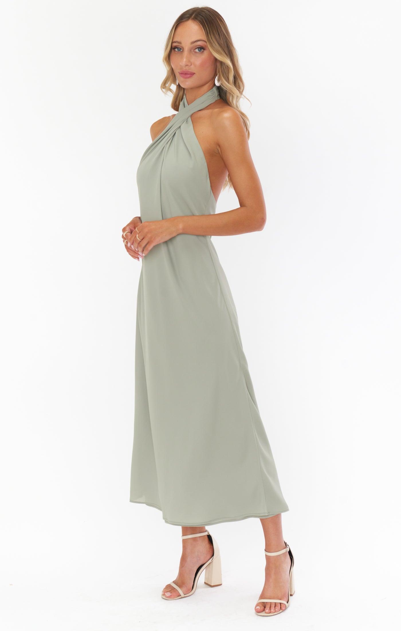 Jasmine Halter Midi Dress ~ Moss Green Crisp Product Image