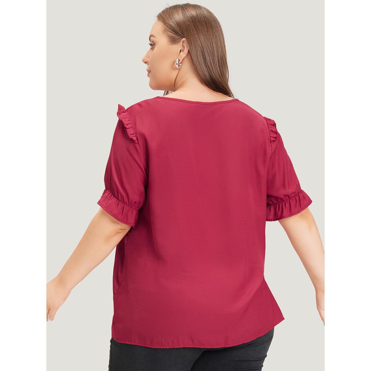 Plus Size RedViolet Plain Gathered Ruffle Trim Puff Sleeve Blouse Women Office Short sleeve Round Neck Work Blouses BloomChic 18-20/2X Product Image