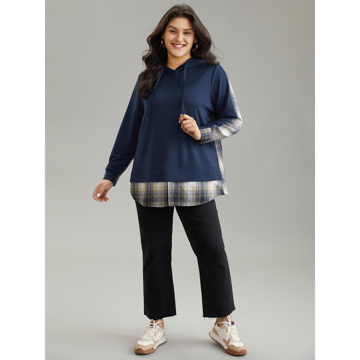 Plus Size Contrast Plaid Hooded Curved Hem Sweatshirt Women Blue Casual Contrast Hooded Dailywear Sweatshirts BloomChic 14-16/1X Product Image