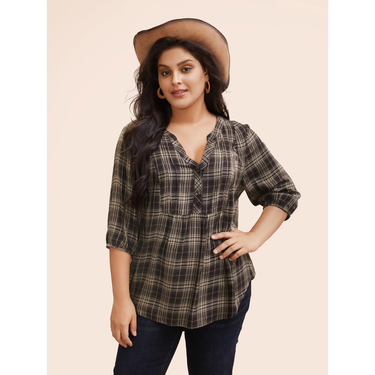 Plus Size DarkBrown Plaid Pleated Button Placket Blouse Women Elegant Elbow-length sleeve Flat collar with V-notch Everyday Blouses BloomChic 22-24/3X Product Image