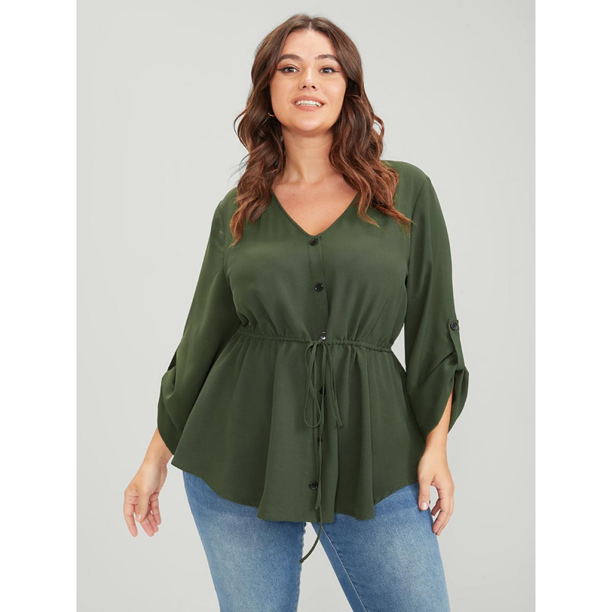 Plus Size ArmyGreen Solid Roll Sleeve Button Down Drawstring Blouse Women Office Long Sleeve V-neck Work Blouses BloomChic 18-20/2X Product Image