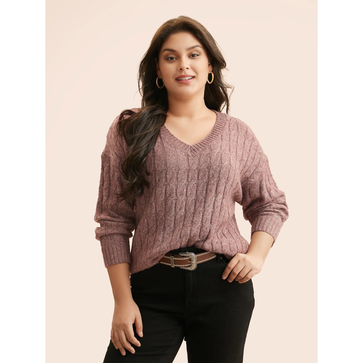 Plus Size Heather Texture Cable Knit Pullover Plum Women Casual Long Sleeve V-neck Everyday Pullovers BloomChic 28/5X Product Image