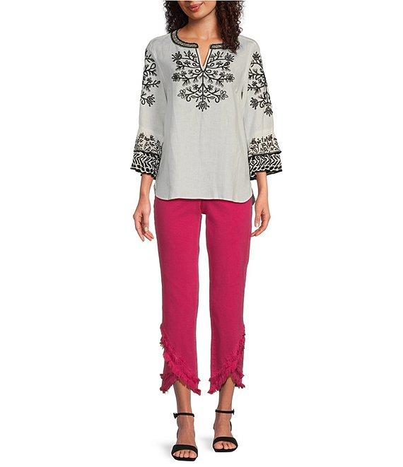 John Mark Linen Embroidered Split V-Neck 3/4 Sleeve Tunic Product Image