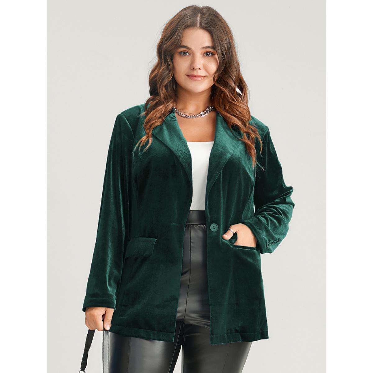 Plus Size Solid Button Flap Pocket Velvet Blazer DarkGreen Women Going out Plain Button Sleeve Long Sleeve Suit Collar 10/M Pocket Party Blazers BloomChic Product Image