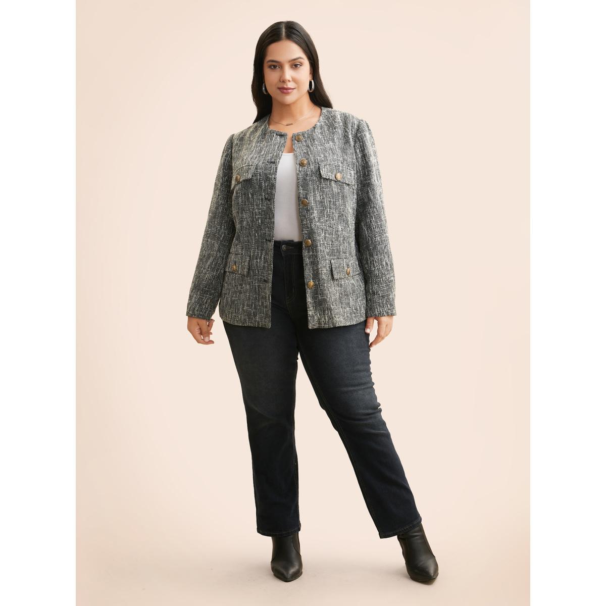 Plus Size Tweed Button Up Flap Pocket Jacket Women Black Button Open pocket with flap Everyday Jackets BloomChic 22-24/3X Product Image