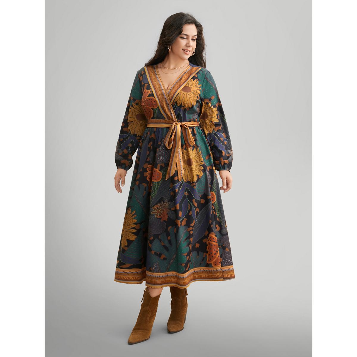 Plus Size Boho Print Belted Lantern Sleeve Dress Black Women Resort Belted Overlap Collar Long Sleeve Curvy BloomChic 10/M Product Image