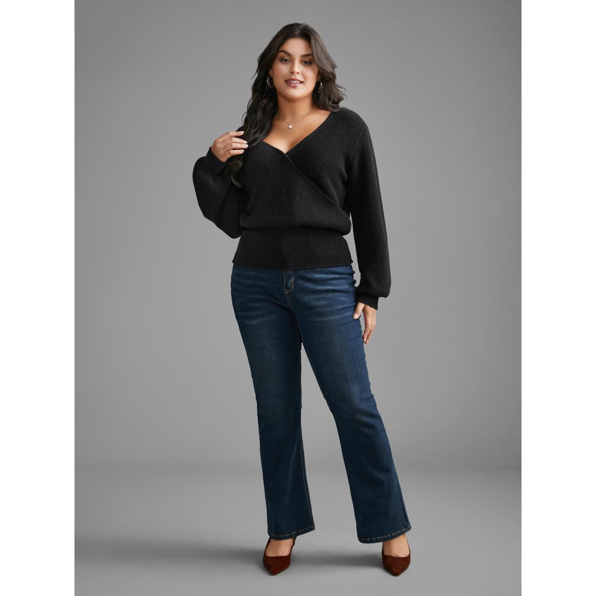 Plus Size Overlap Collar Textured Lantern Sleeve Pullover Black Women Casual Loose Long Sleeve Overlap Collar Everyday Pullovers BloomChic 10/M Product Image