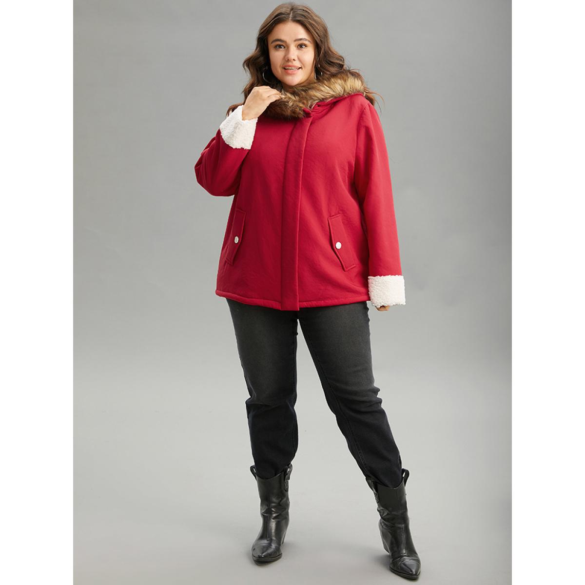 Plus Size Patchwork Fuzzy Trim Pocket Hooded Jacket Women Red Casual Contrast Ladies Party Winter Coats BloomChic 12/L Product Image