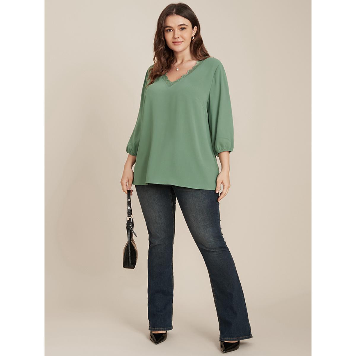 Plus Size Emerald Solid Lantern Sleeve Lace Trim V Neck Blouse Women Elegant Elbow-length sleeve V-neck Dailywear Blouses BloomChic 12/L Product Image