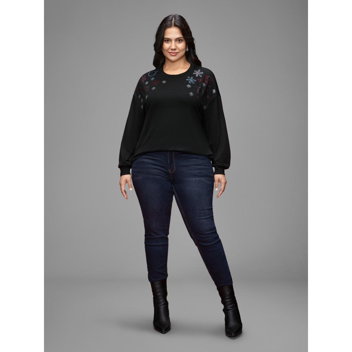Plus Size Rhinestone Embellished Shoulder Round Neck Tee Black Women Casual Rhinestone detailing Round Neck Everyday T-shirts BloomChic 14-16/1X Product Image