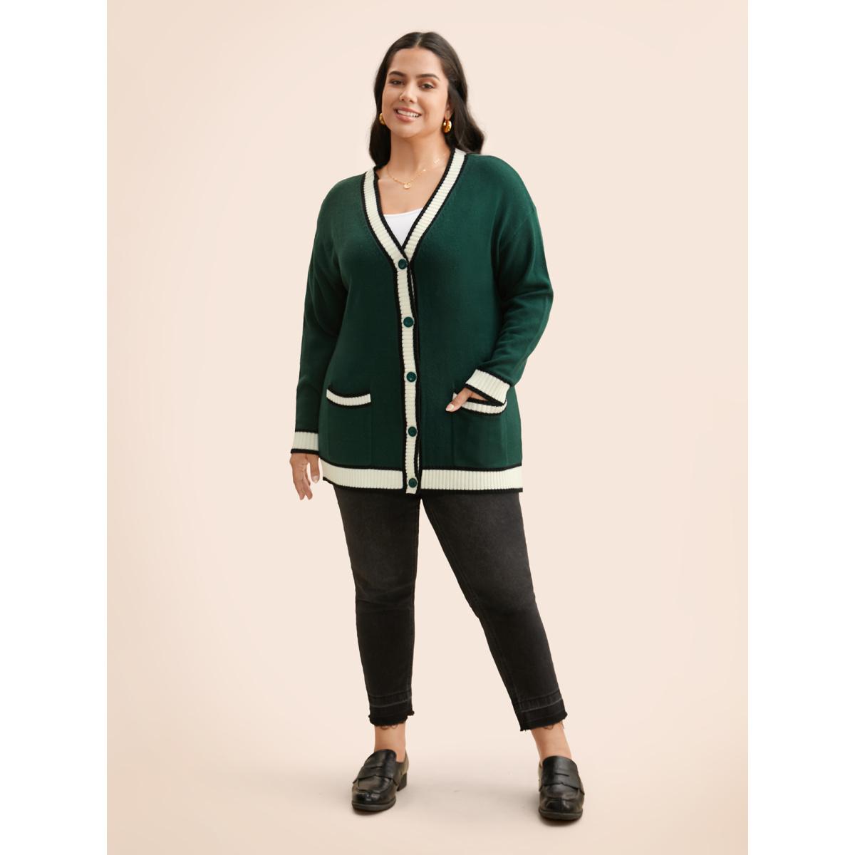 Plus Size Contrast Trim Button Up Pocket Cardigan DarkGreen Women Casual Loose Long Sleeve Everyday Cardigans BloomChic 28/5X Product Image