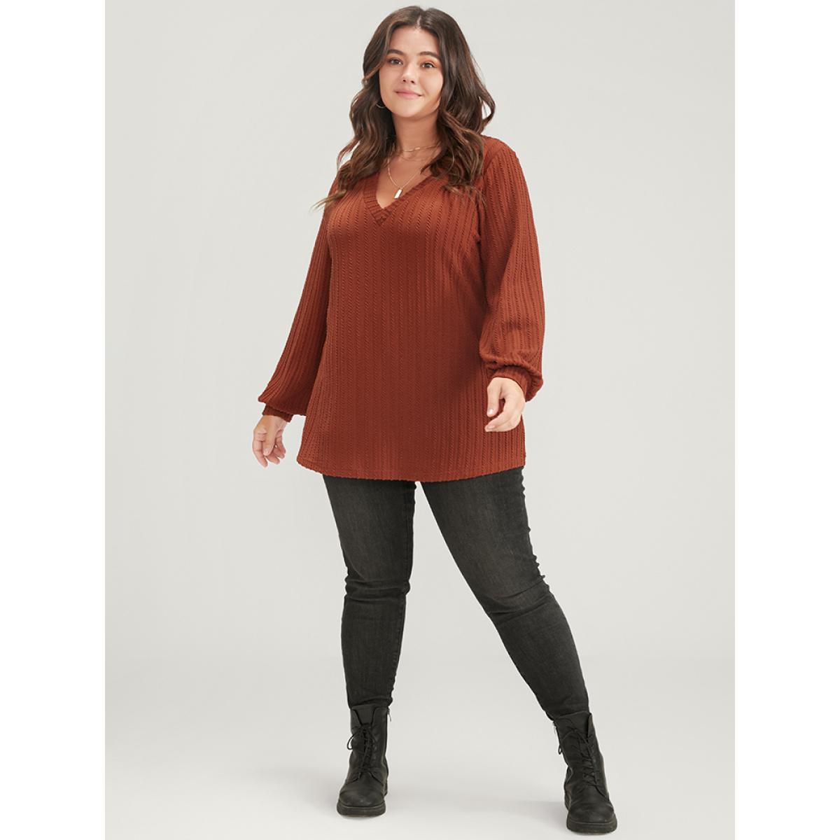 Plus Size Solid Rib Knit Long Tee Rust Women Elegant Plain Plain V-neck Dailywear T-shirts BloomChic 14-16/1X Product Image