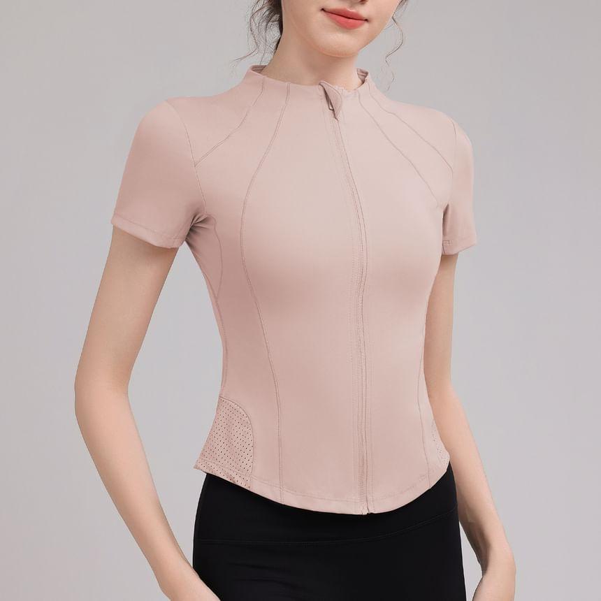 Short-Sleeve Mock Neck Plain Sport Zip T-Shirt Product Image