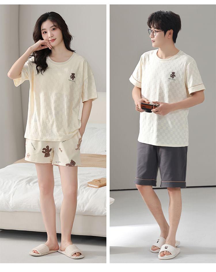 Couple Matching Pajama Set: Short-Sleeve Bear Print T-Shirt + Shorts Product Image