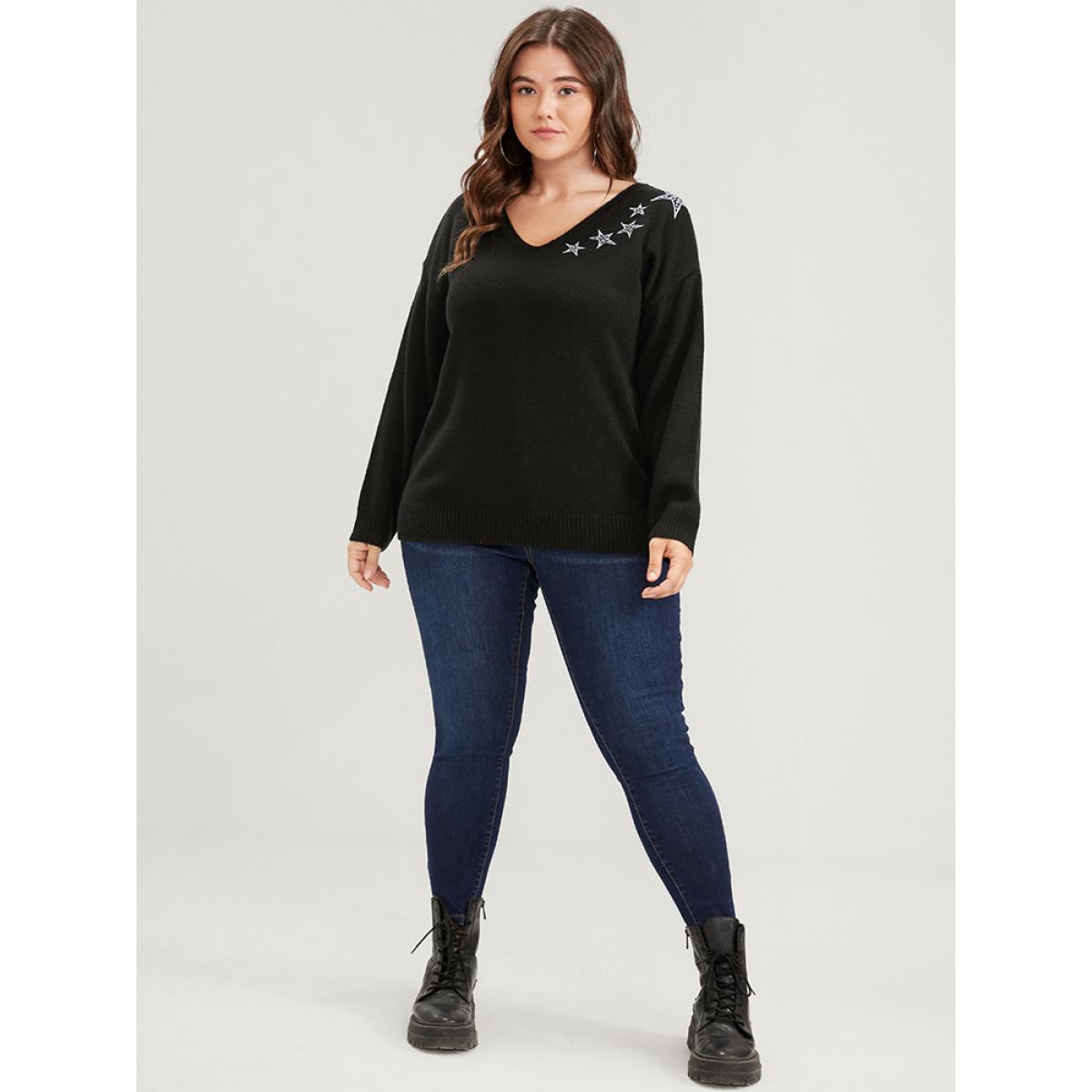 Plus Size Star Embroidered Pointelle Knit V Neck Knit Top Black Women Casual Long Sleeve V-neck Dailywear Pullovers BloomChic 18-20/2X Product Image