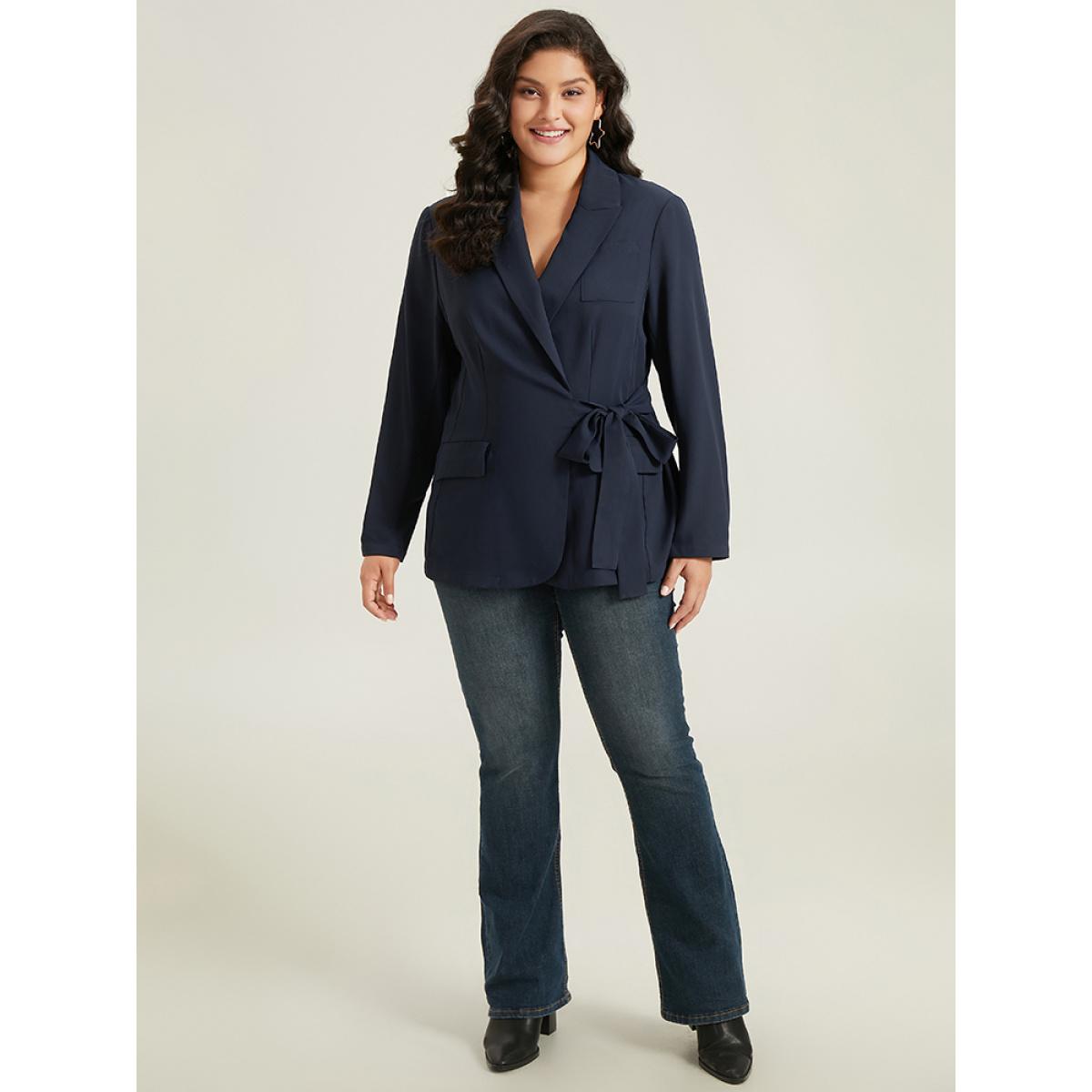 Plus Size Suit Collar Knot Pocket Blazer Indigo Women Dailywear Plain Plain Sleeve Long Sleeve Suit Collar 22-24/3X Pocket Casual Blazers BloomChic Product Image