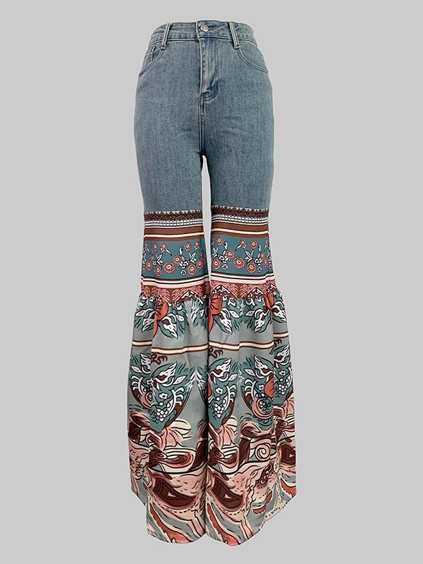 Flared Pants Floral Printed High-Waisted Pockets Jean Pants Bottoms Product Image