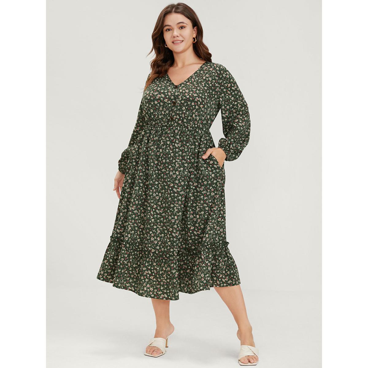 Plus Size Ditsy Floral Pocket Puff Sleeve Fake Button Ruffles Hem Dress Green Women Elegant Button V-neck Long Sleeve Curvy Midi Dress BloomChic 22-24/3X Product Image