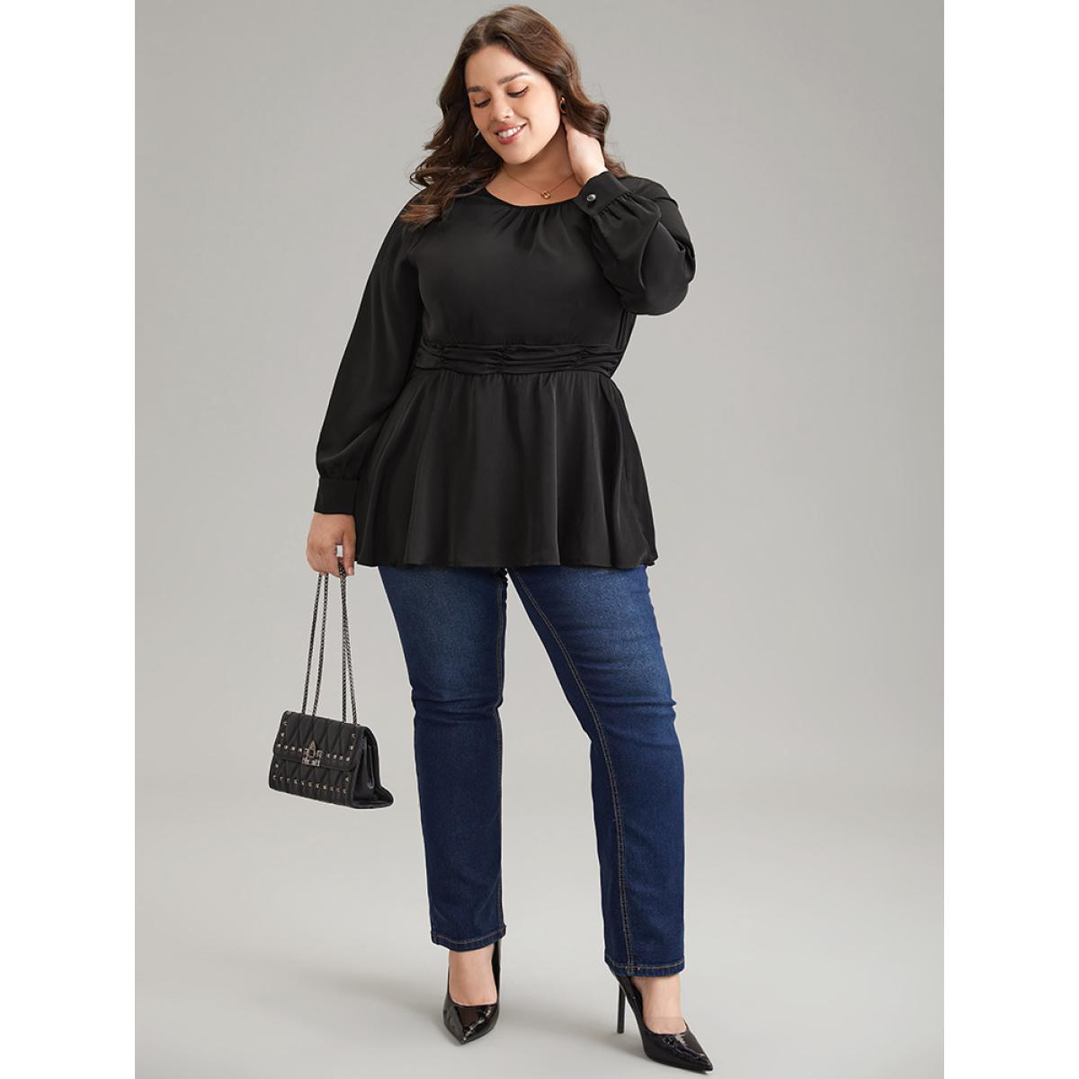 Plus Size Black Anti-Wrinkle Plain Ruched Elastic Waist Blouse Women Office Long Sleeve Round Neck Office Blouses BloomChic 10/M Product Image