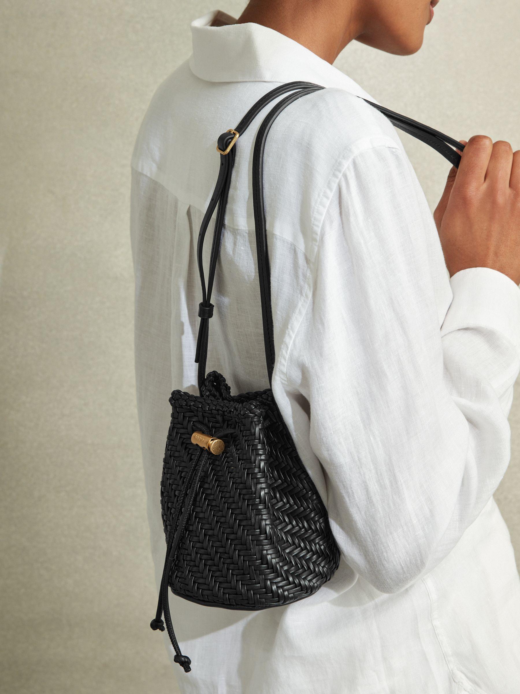 Woven Leather Bucket Bag in Black Product Image