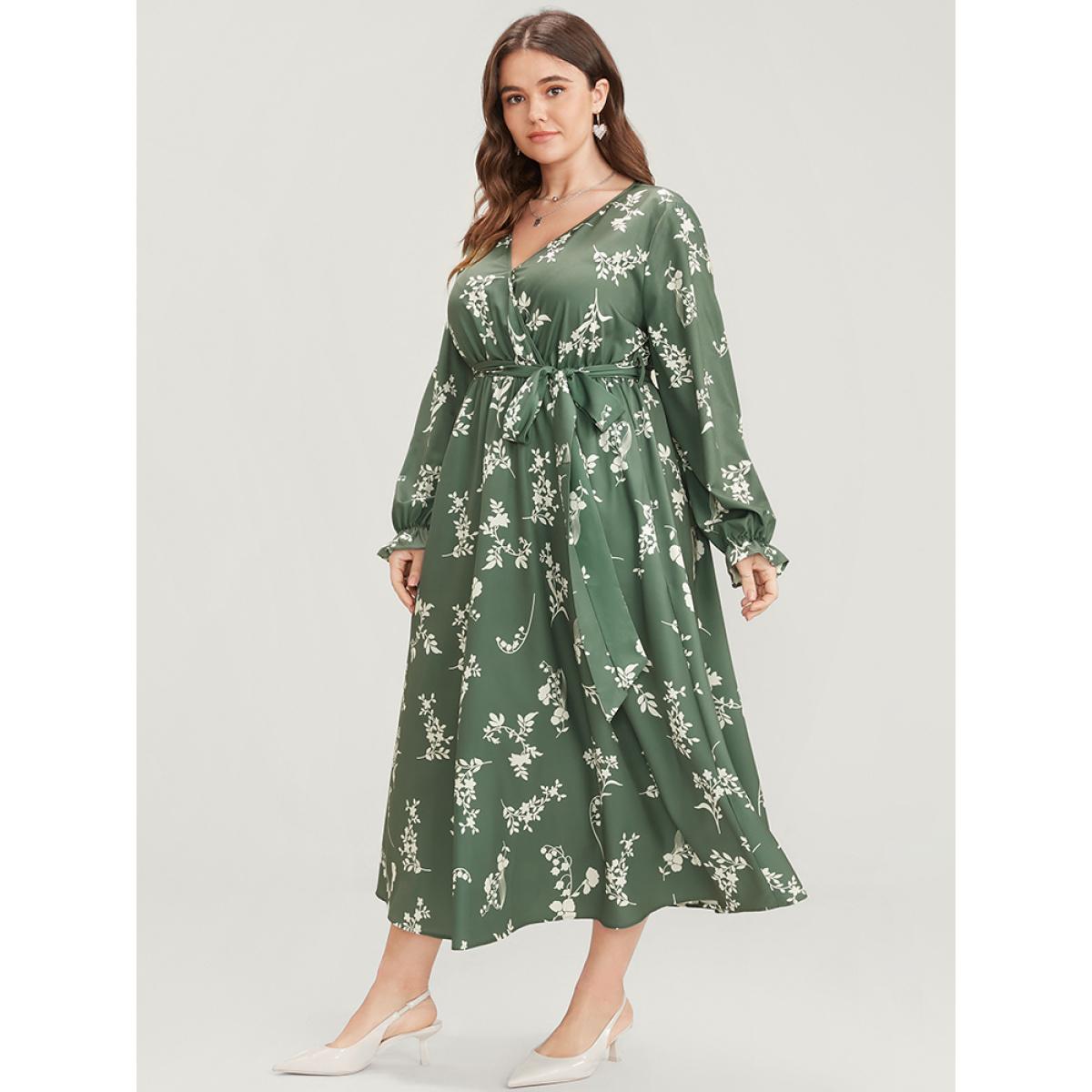 Plus Size Floral Wrap Pocket Lantern Sleeve Belted Ruffle Dress Mint Women Elegant Printed V-neck Long Sleeve Curvy Midi Dress BloomChic 10/M Product Image