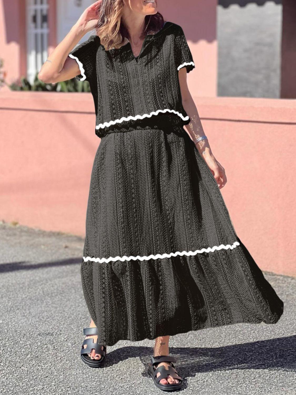Contrast Trim Openwork Short Sleeve Top and Skirt Set Product Image