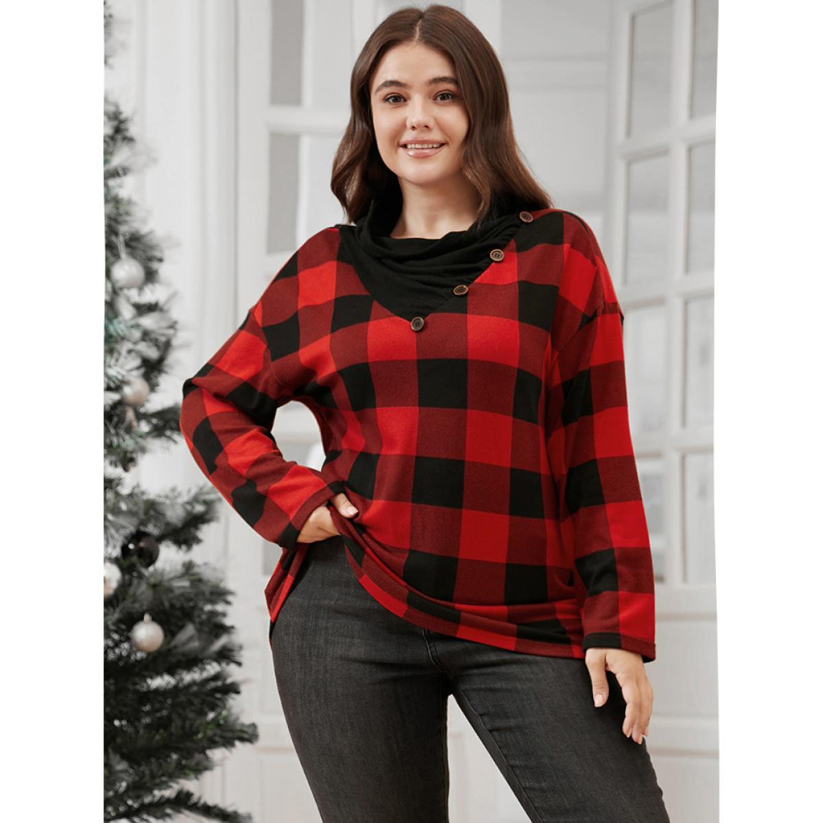 Plus Size Plaid Patchwork Button Detail Cowl Neck 2-In-1 Sweatshirt Women Red Casual Patchwork Cowl Neck Festival-Christmas Sweatshirts BloomChic 10/M Product Image