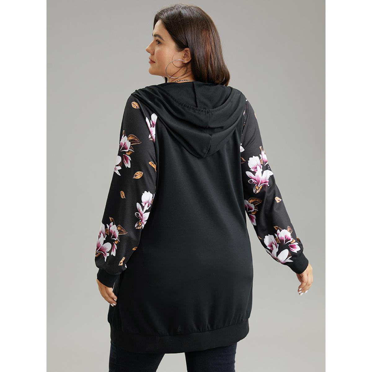 Plus Size Floral Zipper Hooded Patchwork Raglan Sleeve Sweatshirt Women Black Casual Rib Knit Hooded Dailywear Sweatshirts BloomChic 30/6X Product Image