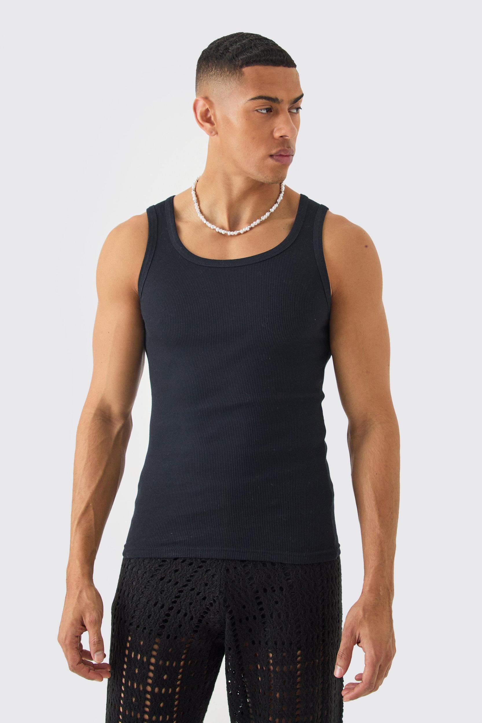 Basic Muscle Fit Ribbed Vest | boohooMAN USA Product Image