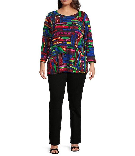 Ali Miles Plus Size Knit Brushstroke Print Round Neck 3/4 Sleeve Top Product Image