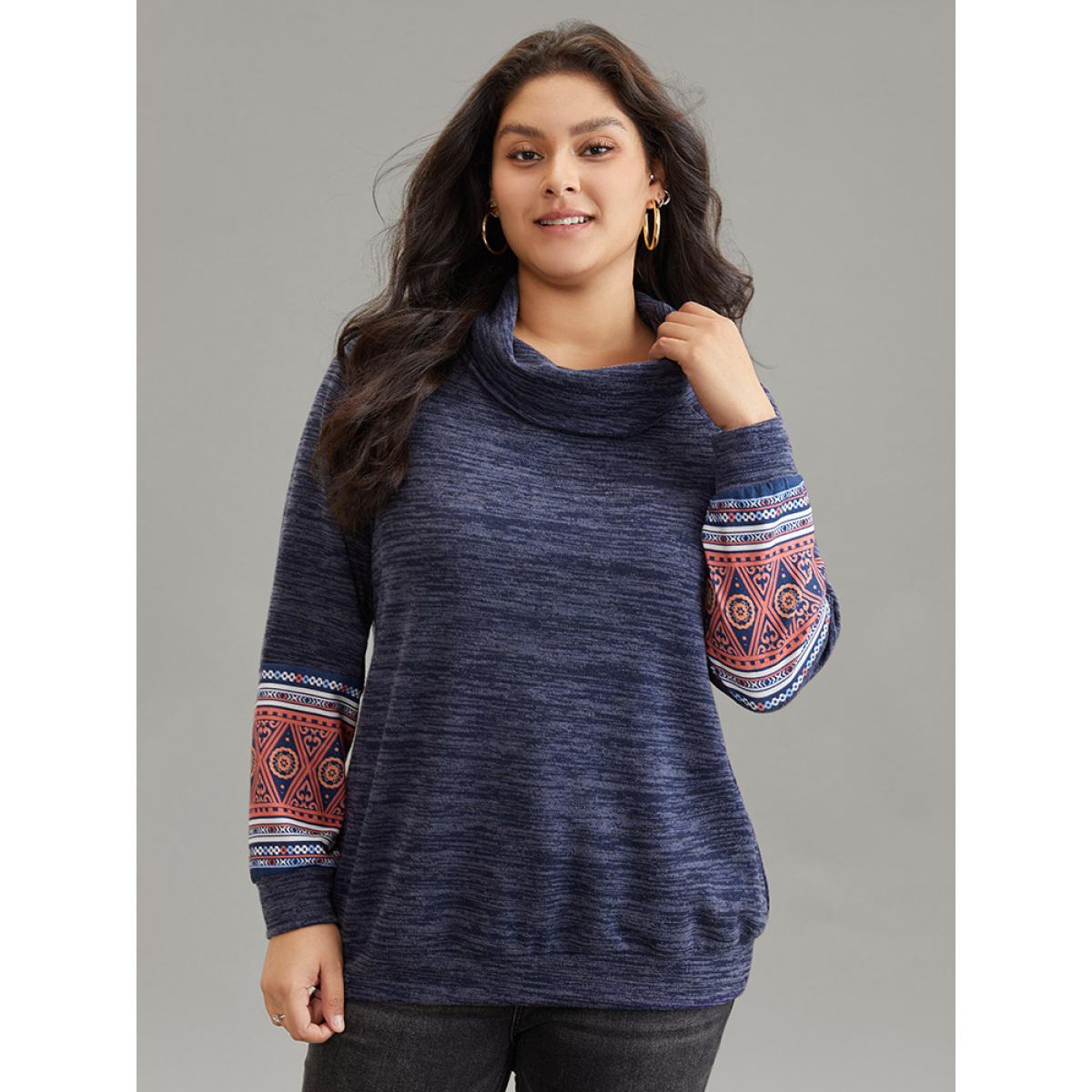 Plus Size Heather Boho Print Raglan Sleeve Turtleneck Sweatshirt Women Blue Casual Heather Turtleneck Dailywear Sweatshirts BloomChic 30/6X Product Image