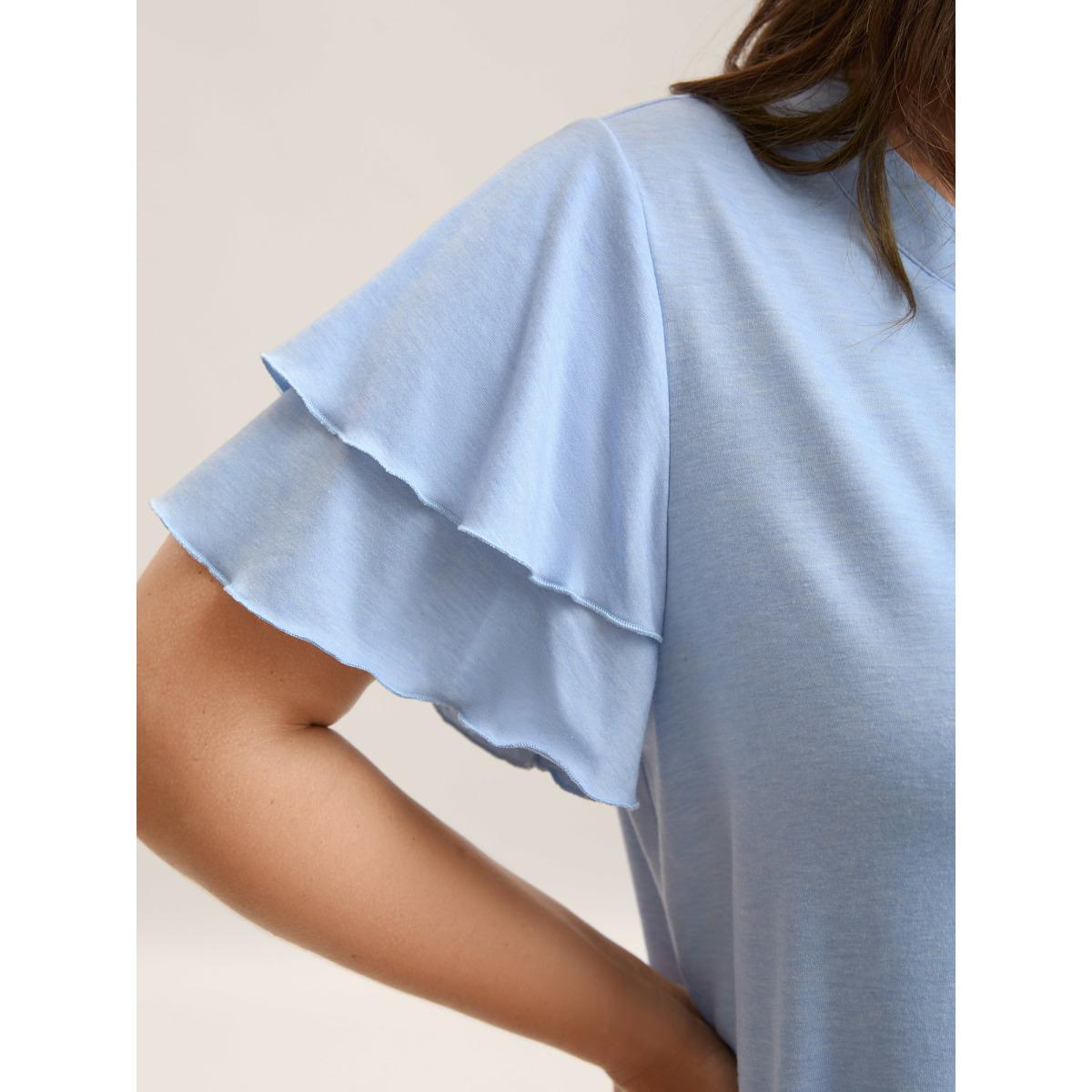 Plus Size Layered Lotus Leaf Sleeve Plain T-Shirt LightBlue Women Leisure Button Notched collar Casual T-shirts BloomChic 22-24/3X Product Image