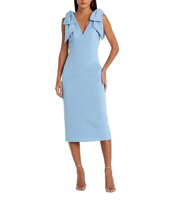 Mac Duggal Crepe V-Neck Sleeveless Bow Shoulder Midi Sheath Dress Product Image