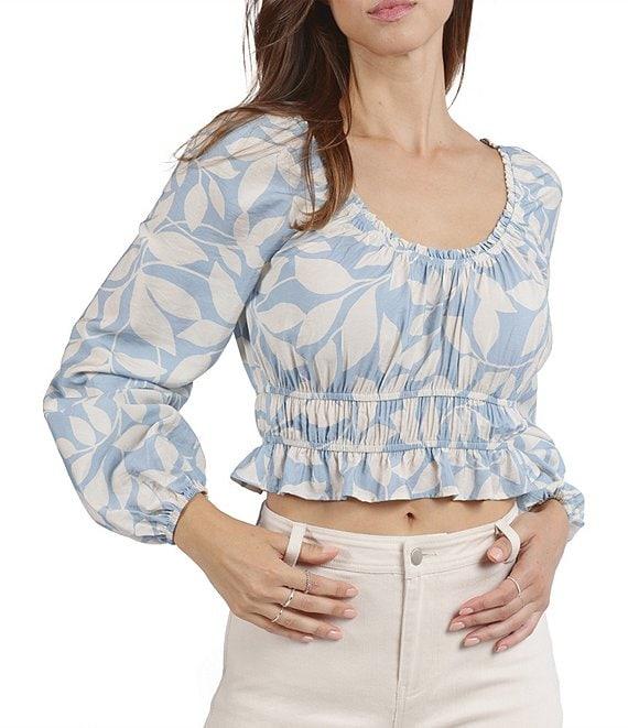 Sadie & Sage Printed Woven Scoop Neck Long Sleeve Smocked Waist Cropped Peplum Top Product Image
