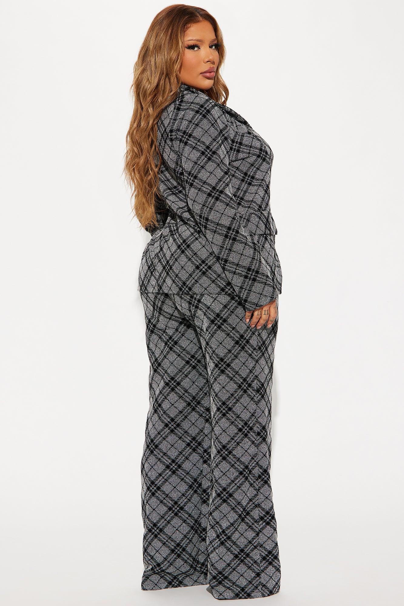 Lady Boss Plaid Blazer Pant Set - Black/combo Female Product Image