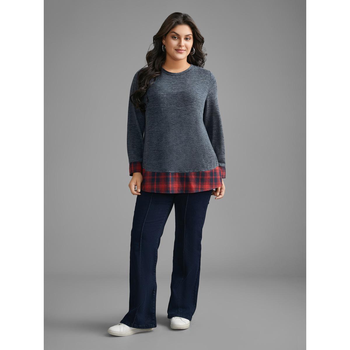 Plus Size Round Neck Plaid Patchwork Heather T-shirt Indigo Women Casual Contrast Round Neck Loose Everyday T-shirts BloomChic 18-20/2X Product Image