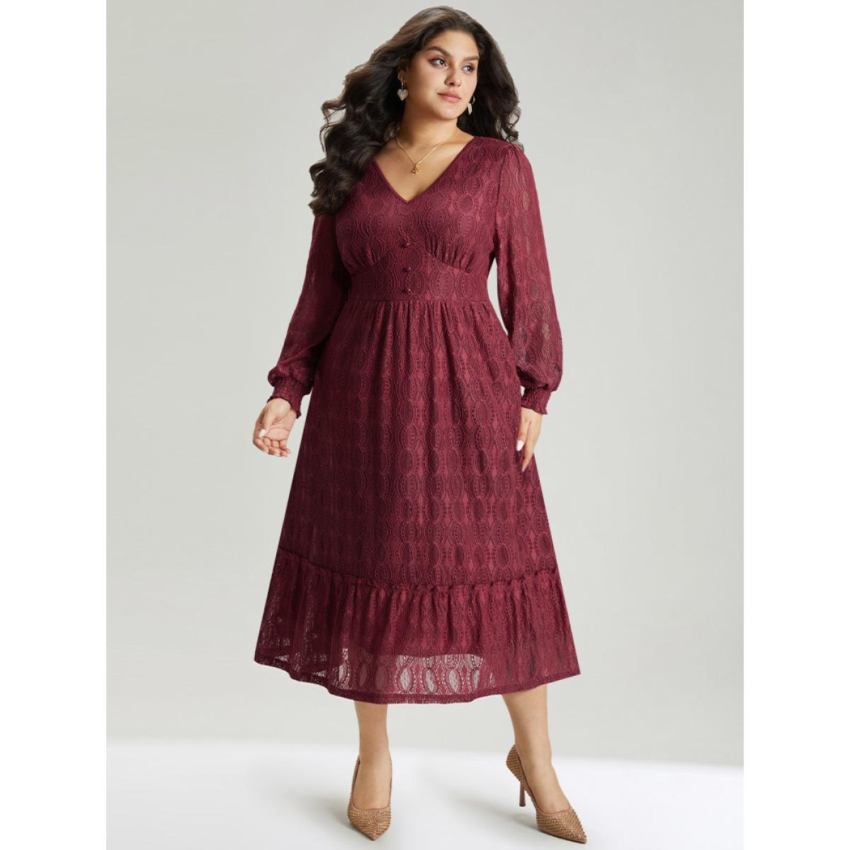 Plus Size Contrast Lace Button Detail Shirred Ruffle Hem Dress Scarlet Women Glamour Texture V-neck Long Sleeve Curvy Midi Dress BloomChic 10/M Product Image