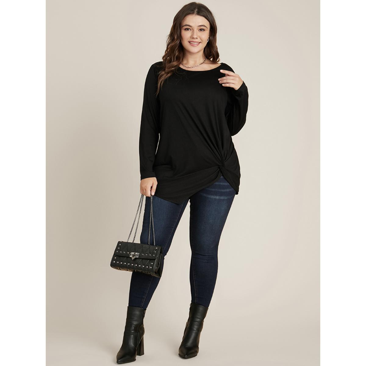 Plus Size Solid Round Neck Twist Front Long Tee Black Women Elegant Plain Plain Round Neck Dailywear T-shirts BloomChic 10/M Product Image