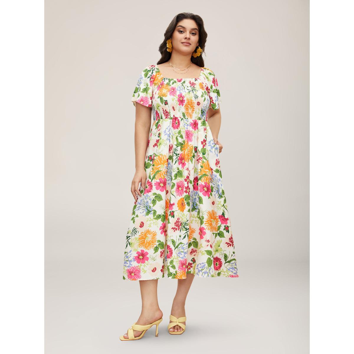 Plus Size Floral Shirred Square Neck Pocket Midi Dress Multicolor Women Romantic Non Square Neck Short sleeve Curvy Midi Dress BloomChic 10/M Product Image