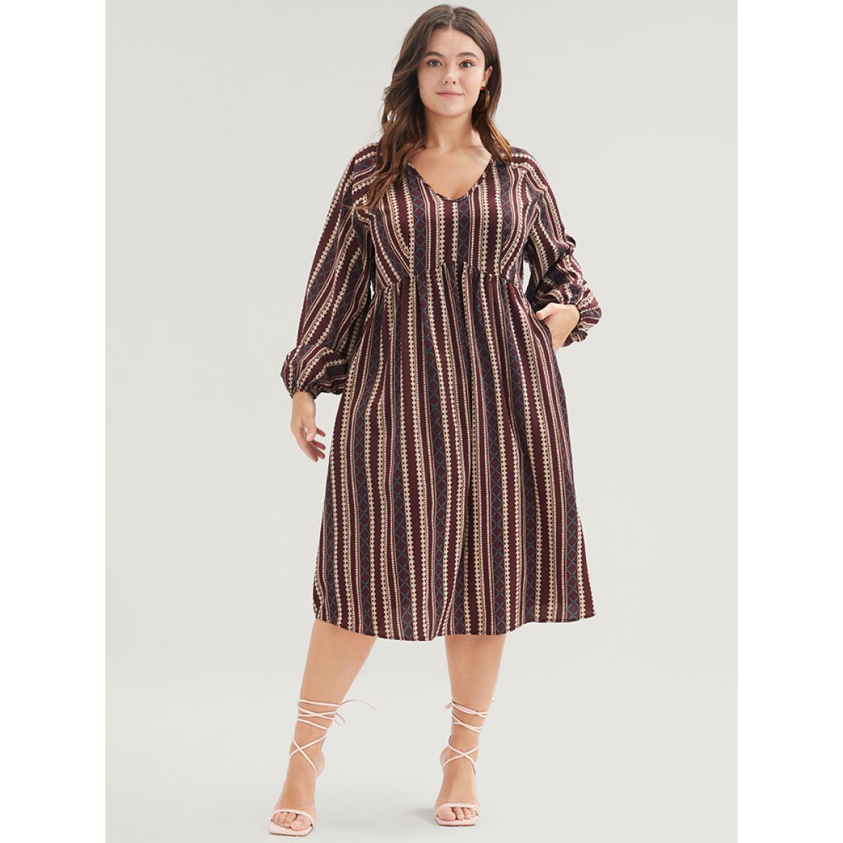 Plus Size Striped V Neck Lantern Sleeve Pocket Knee Dress Burgundy Women Vacation Pocket V-neck Long Sleeve Curvy Knee Dress BloomChic 26/4X Product Image