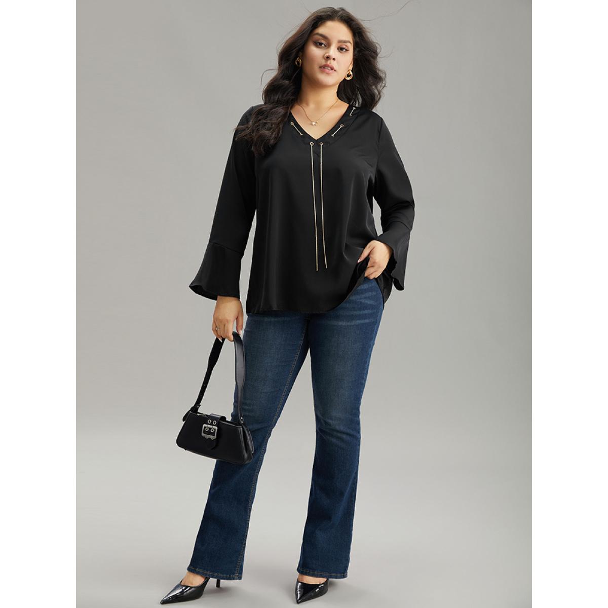 Plus Size Black Contrast Chain Bell Sleeve Eyelet Blouse Women Office Long Sleeve V-neck Office Blouses BloomChic 28/5X Product Image