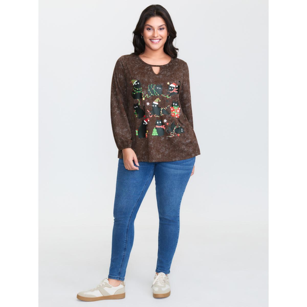 Plus Size Holiday Cat Snowflake Effect T-Shirt DarkBrown Women Leisure Cut-Out Christmas Round Neck Casual T-shirts BloomChic 12/L Product Image