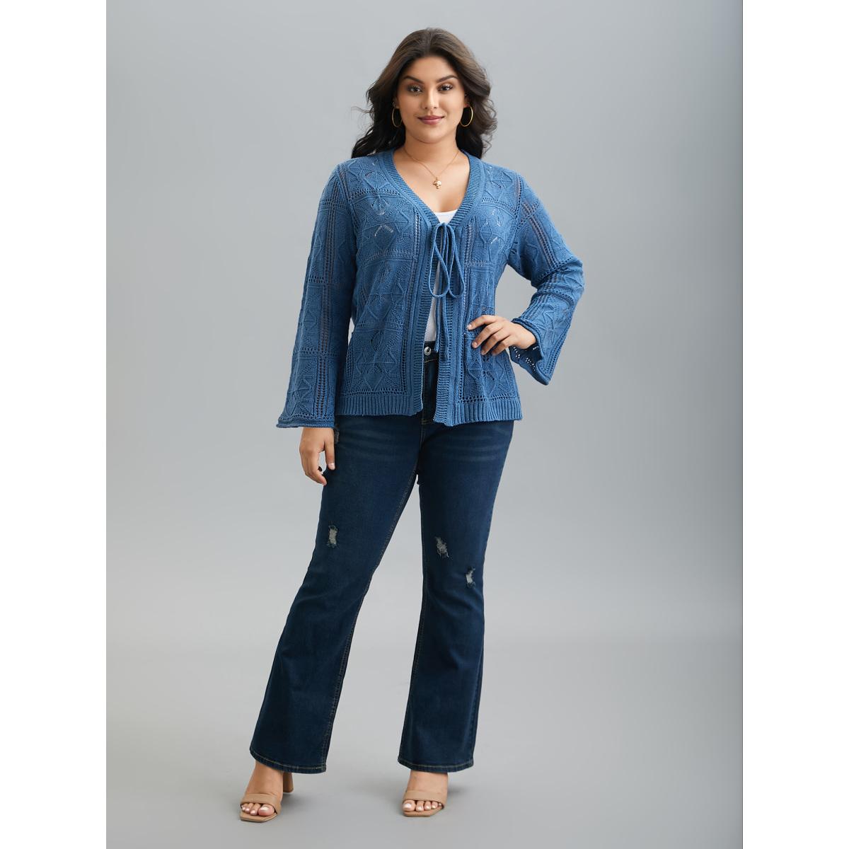 Plus Size Front-Tie Textured Eyelet Knit Cardigan Aegean Women Casual Loose Long Sleeve Everyday Cardigans BloomChic 30/6X Product Image