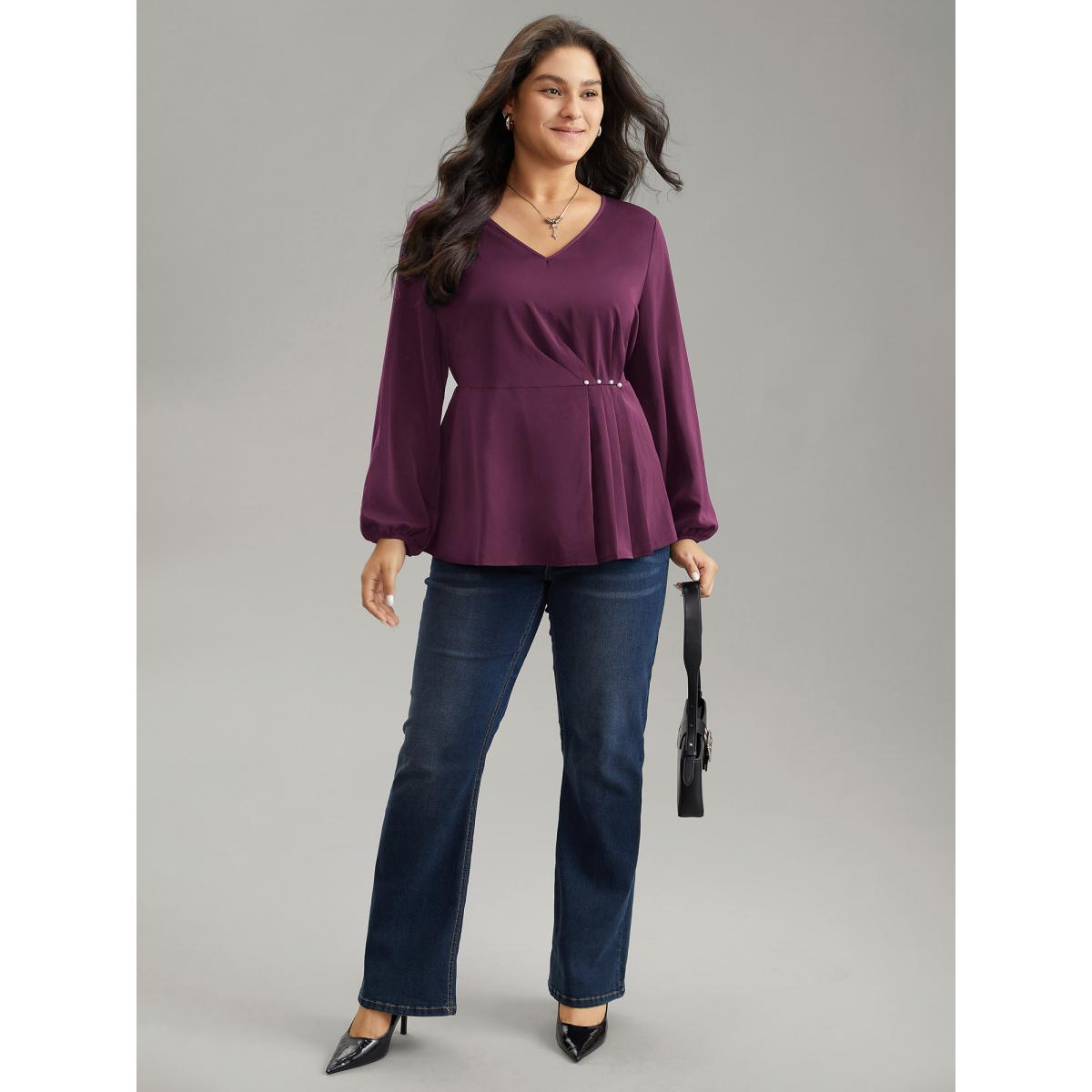 Plus Size Purple Pearl Beaded Plicated Detail Blouse Women Office Long Sleeve V-neck Work Blouses BloomChic 28/5X Product Image