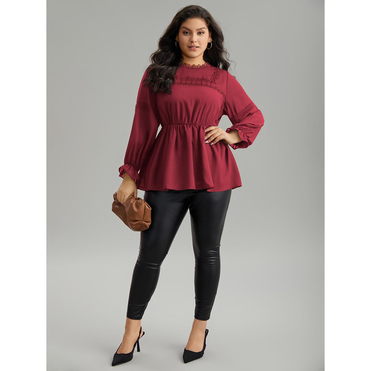 Plus Size Scarlet Plain Ruffles Elastic Waist Lace Patchwork Blouse Women Office Long Sleeve Stand-up collar Work Blouses BloomChic 28/5X Product Image