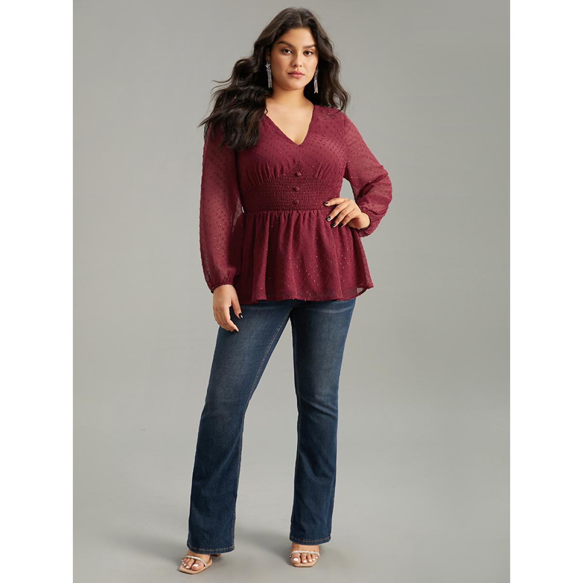 Plus Size Burgundy Plain Textured Shirred Lantern Sleeve Blouse Women Glamour Long Sleeve V-neck Office Blouses BloomChic 26/4X Product Image
