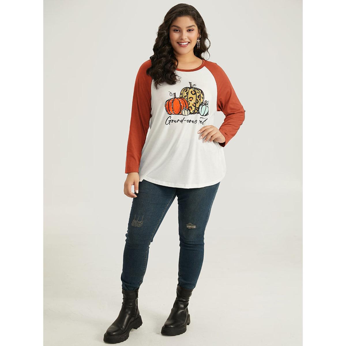 Plus Size Halloween Pumpkin & Letter Print Raglan Sleeve T-shirt Chocolate Women Casual Contrast Halloween Festival-Halloween T-shirts BloomChic 10/M Product Image