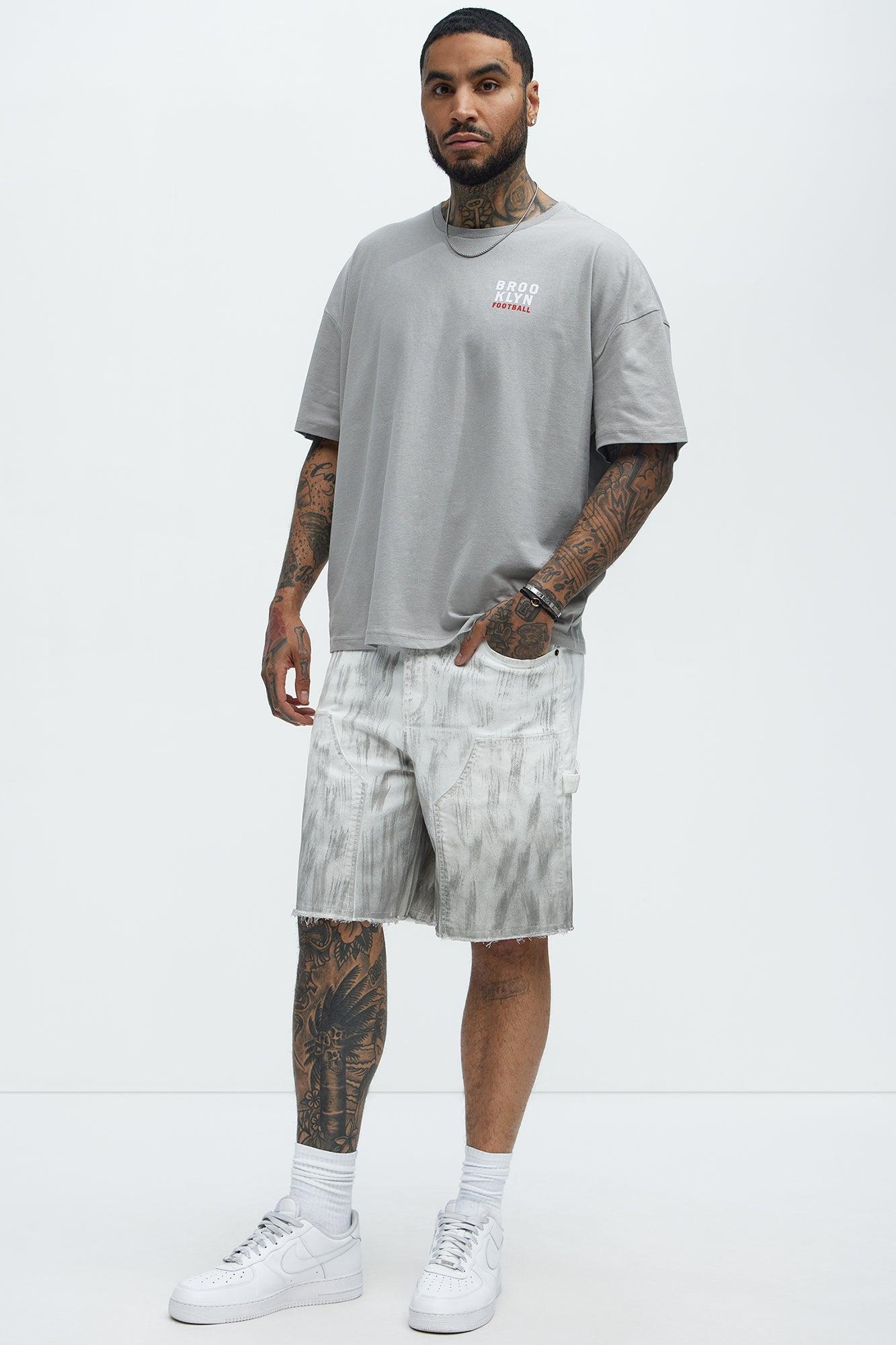 Brush Stained Relaxed Denim Carpenter Shorts - Grey Product Image