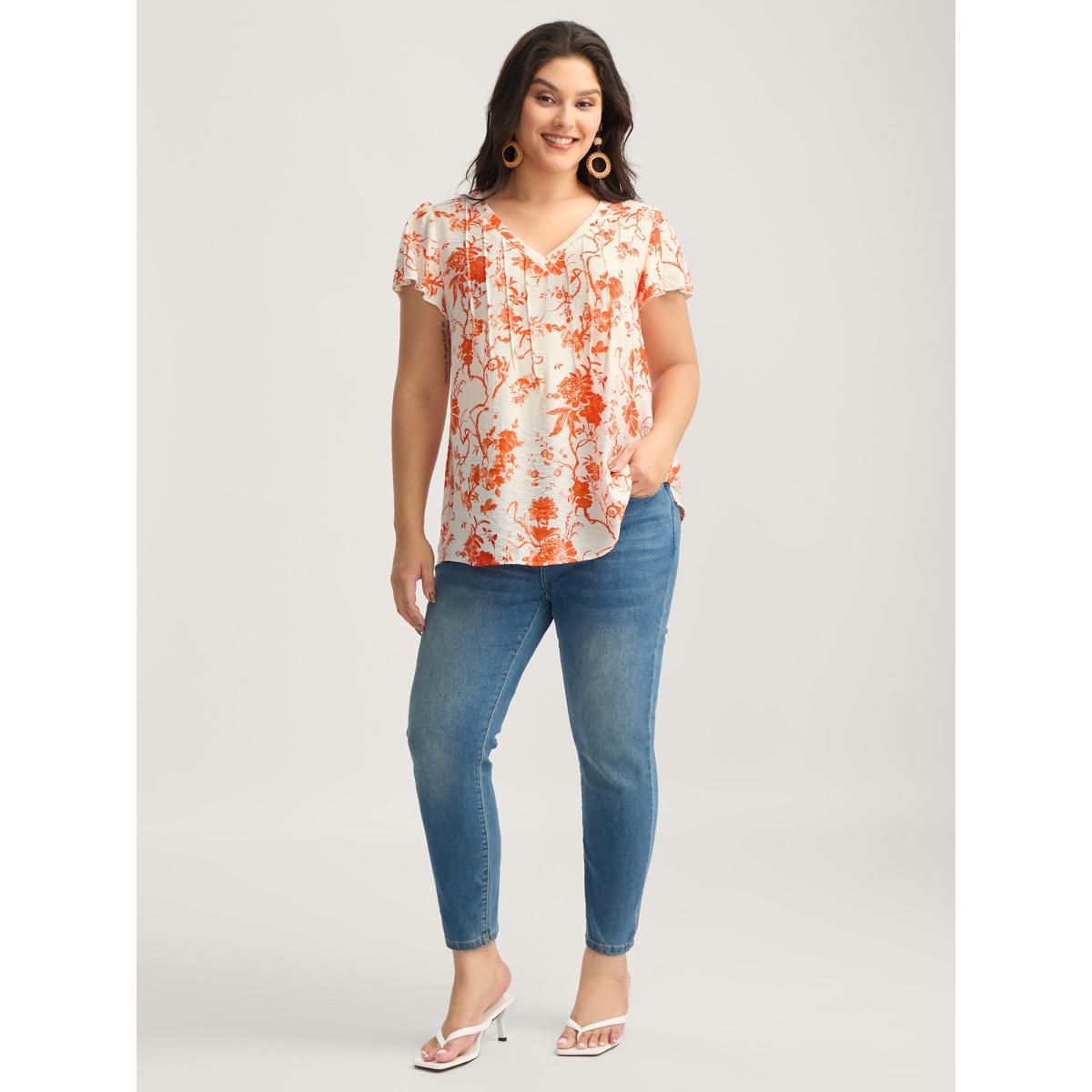 Plus Size Brightorange Floral Print Pleated Front Blouse Women Cap Sleeve V-neck Vacation Blouses BloomChic 26/4X Product Image