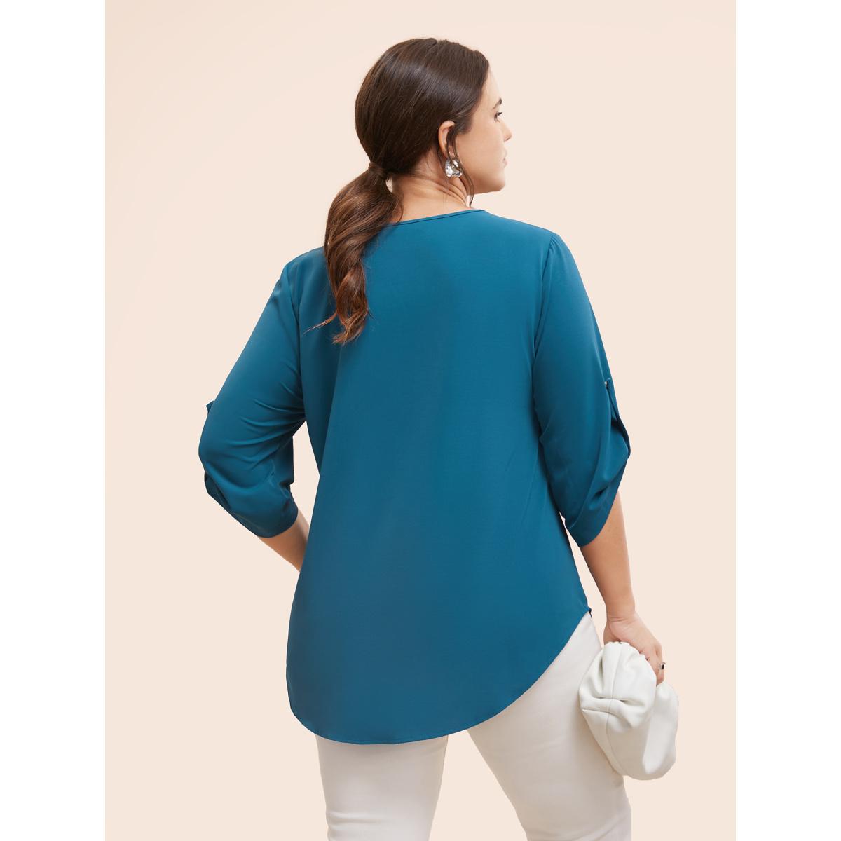 Plus Size Aegean Solid Cuffed Sleeve Gathered Curved Hem Blouse Women Office Elbow-length sleeve V-neck Office Blouses BloomChic 18-20/2X Product Image